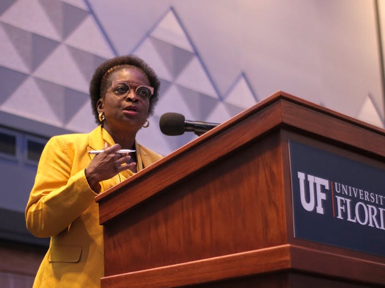 Former Federal Communications Commission Commissioner Mignon Clyburn gives a prepared speech at the event at the Reitz Union on Thursday, Sept. 9, 2021. She was introduced by Mark Jamison, the Public Utility Research Center director and Gerald Gunter professor, as well as David Reed, the Strategic Initiatives associate provost.