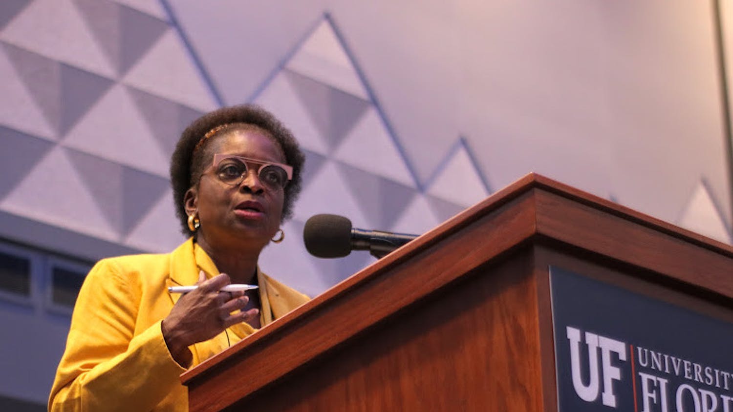Former Federal Communications Commission Commissioner Mignon Clyburn gives a prepared speech at the event at the Reitz Union on Thursday, Sept. 9, 2021. She was introduced by Mark Jamison, the Public Utility Research Center director and Gerald Gunter professor, as well as David Reed, the Strategic Initiatives associate provost.