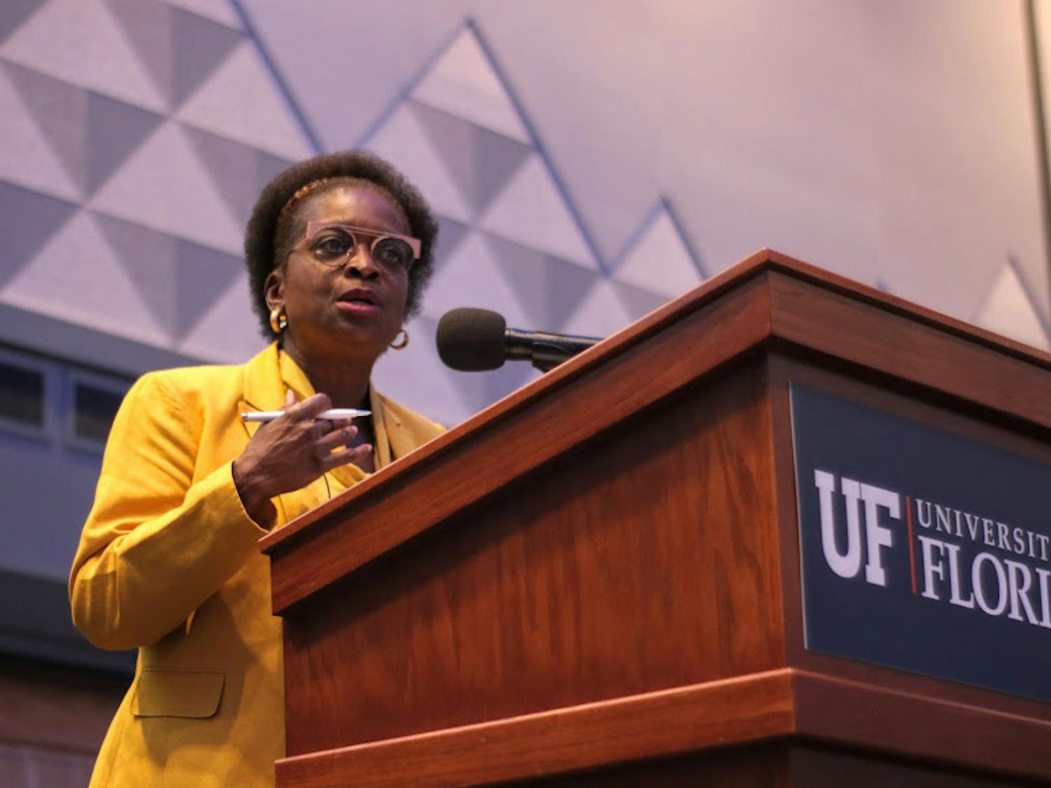 Former Federal Communications Commission Commissioner Mignon Clyburn gives a prepared speech at the event at the Reitz Union on Thursday, Sept. 9, 2021. She was introduced by Mark Jamison, the Public Utility Research Center director and Gerald Gunter professor, as well as David Reed, the Strategic Initiatives associate provost.
