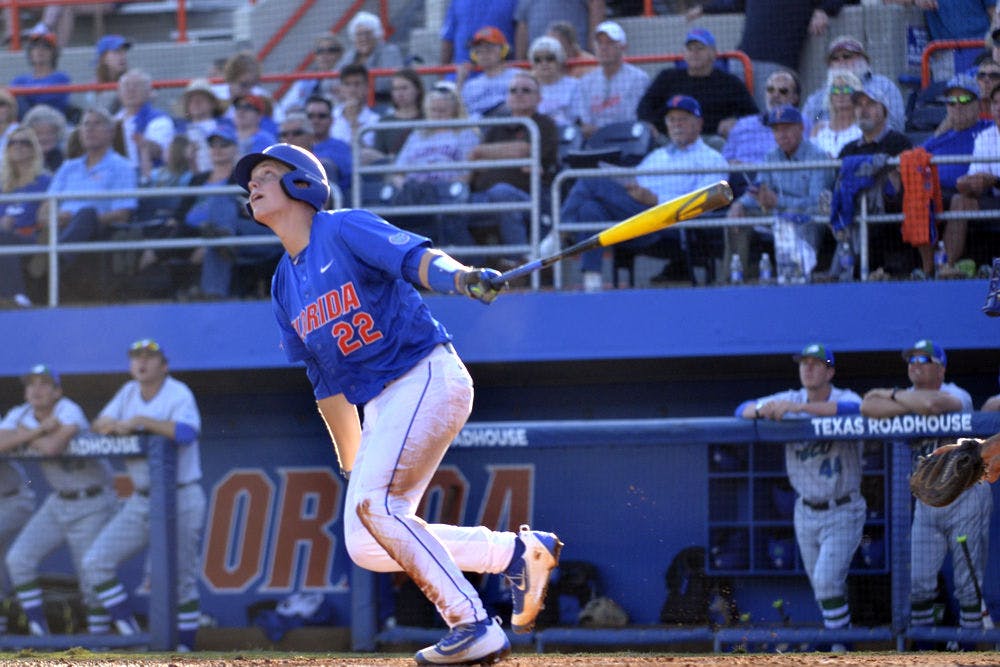 <p>JJ Schwarz hits a ball during Florida's 8-4 win over FGCU on Feb. 20, 2016, at McKethan Stadium.</p>