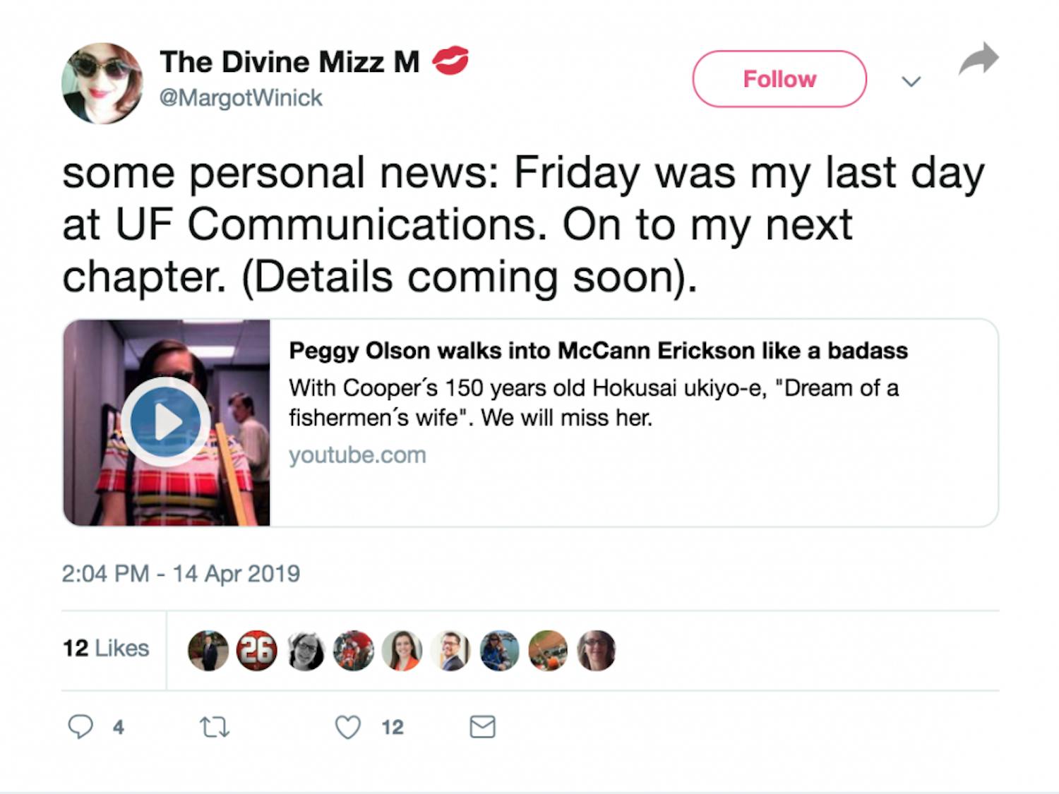 UF spokesperson Margot Winick tweets that she is no longer working at the university.