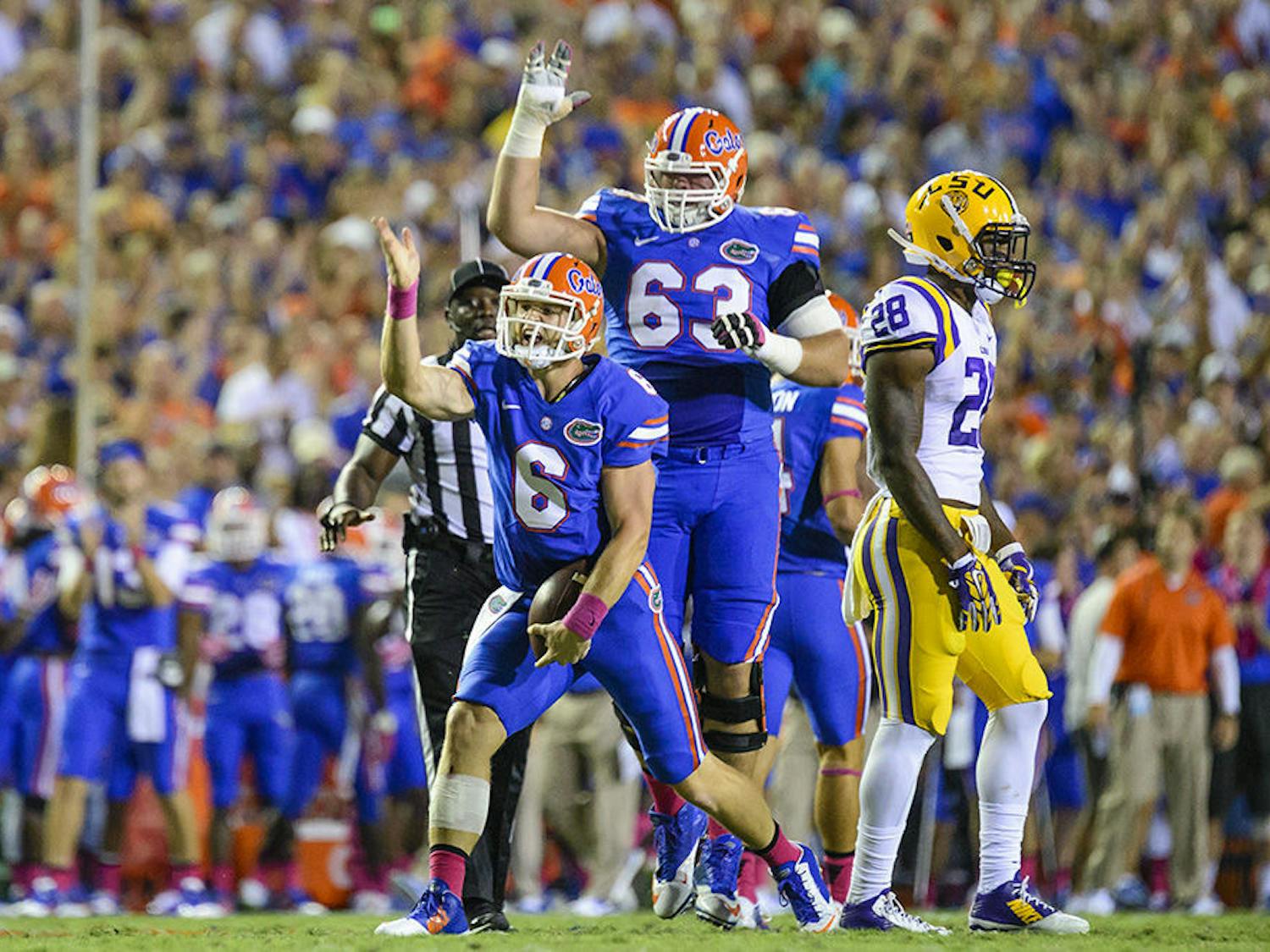 Jeff Driskel (6) reacts after rushing for a first down during Florida's 30-27 loss to LSU on Saturday at Ben Hill Griffin Stadium.