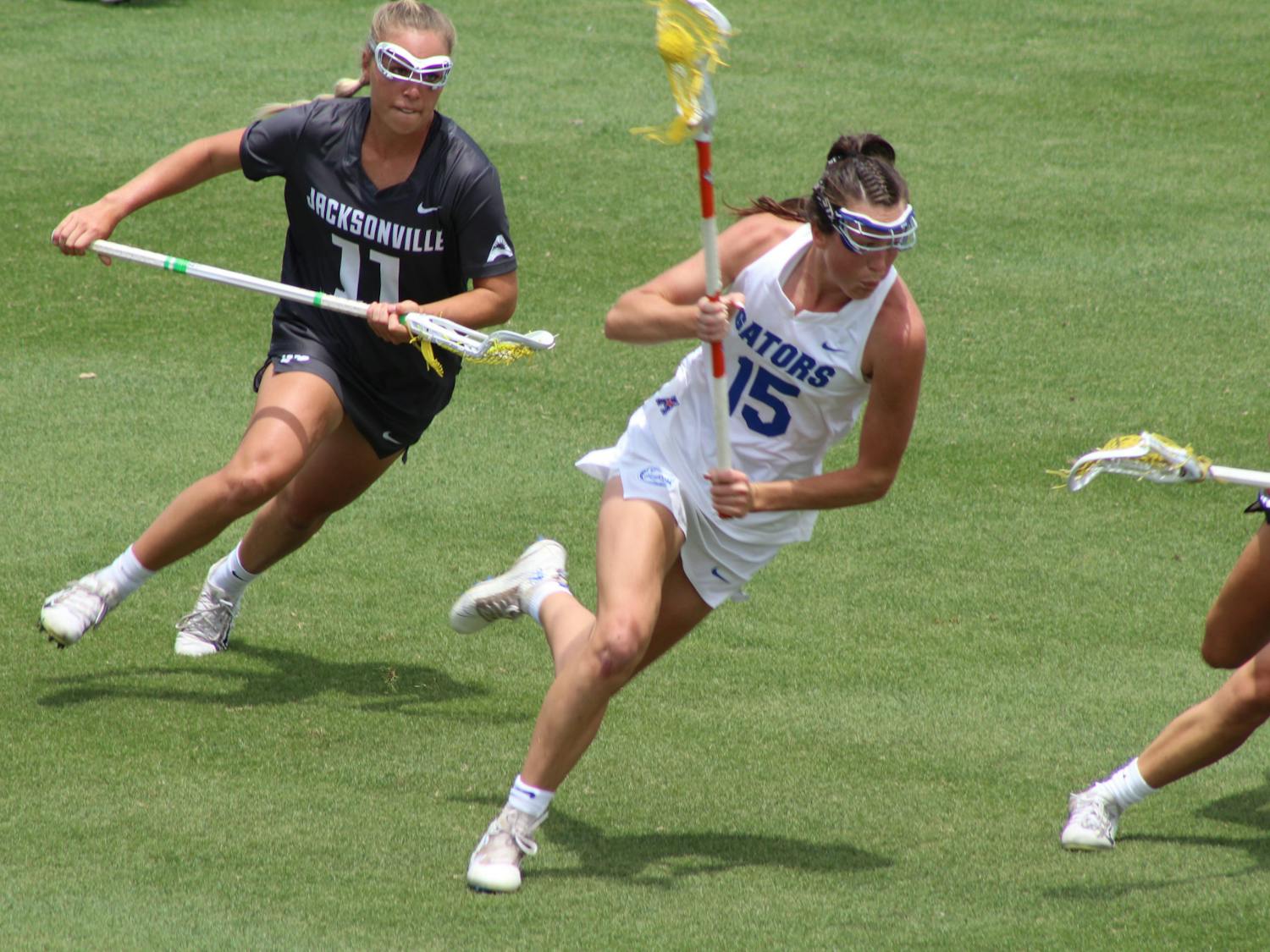 Attacker Grace Haus races down the field in Florida's 17-3 win over Jacksonville University.