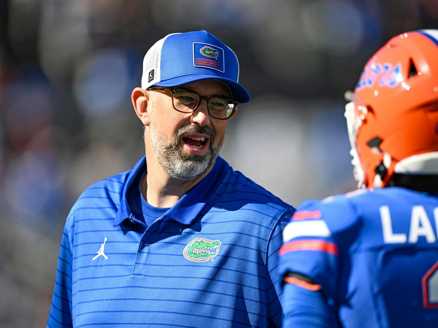 Florida offensive play caller Ryan O’Hara during warmups before a NCAA college football game, Saturday, Nov. 1, 2025, in Jacksonville, Fla.