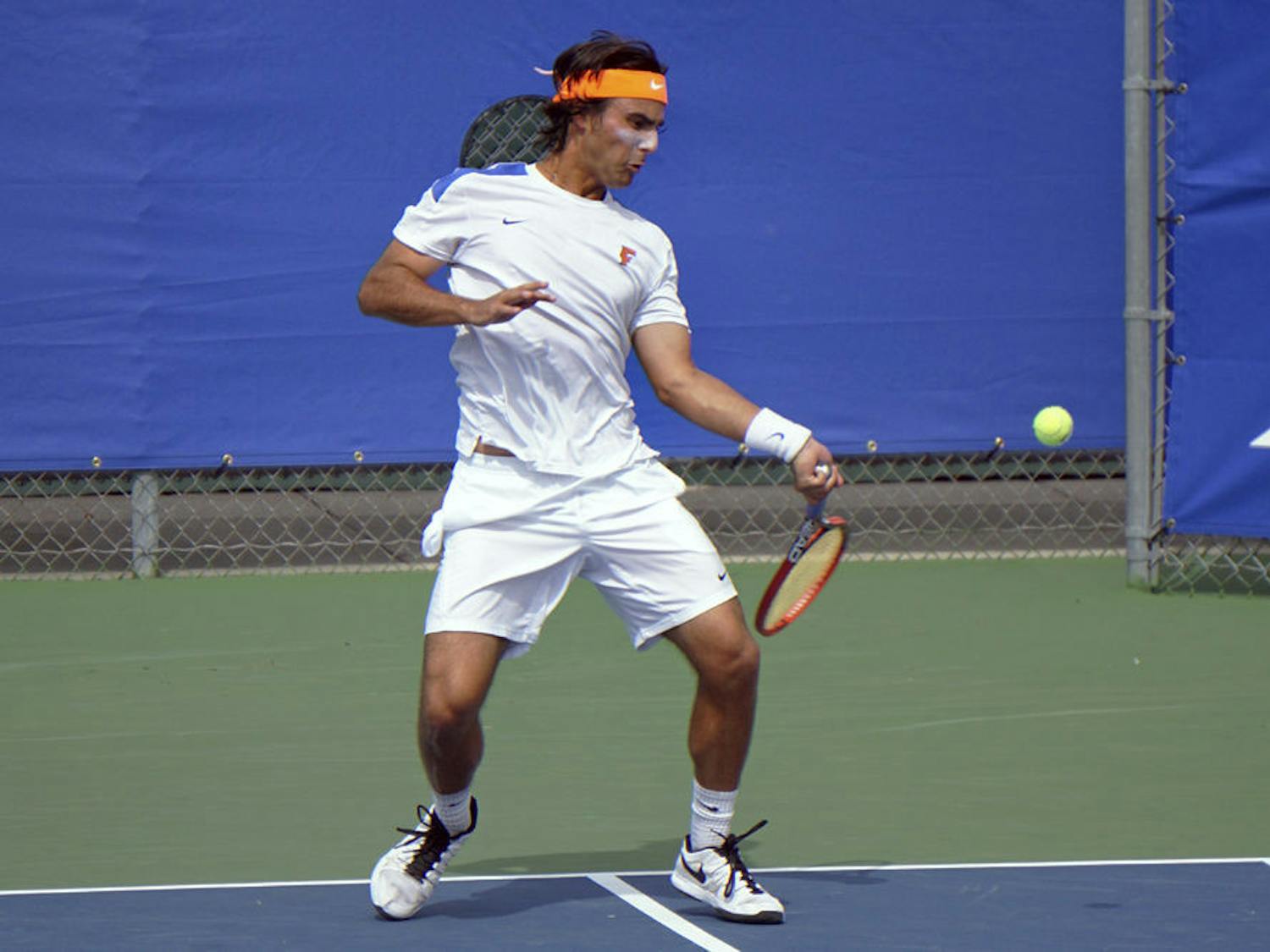 UF senior Diego Hidalgo hits an open-stance forehand during the singles semifinals of the USTA/ITA Southeast Regional Championships on Oct. 18, 2015, at the Ring Tennis Complex
