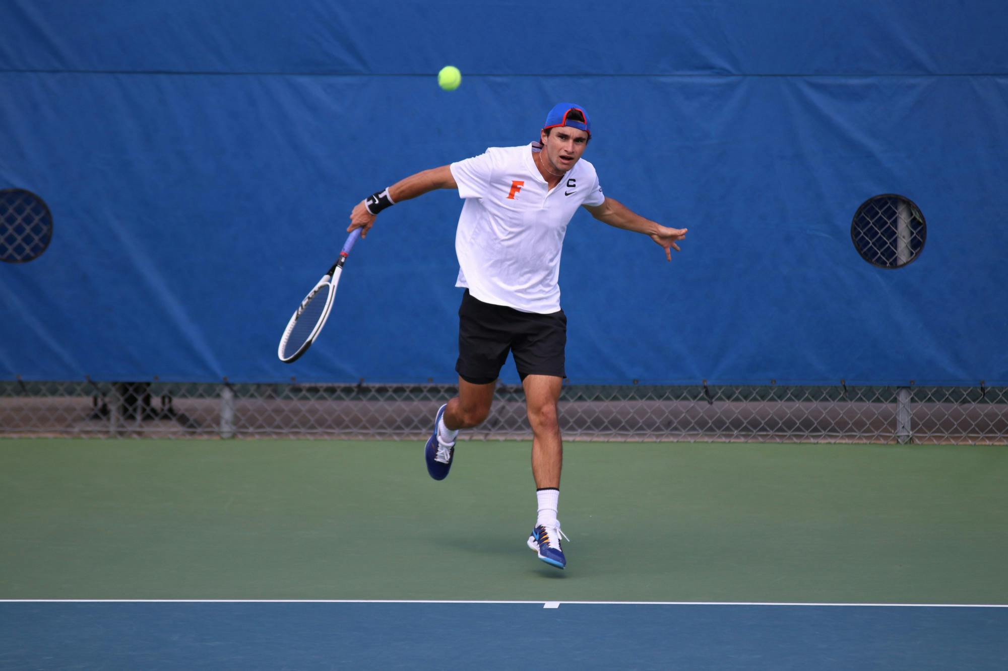 Senior captain Duarte Vale returns a ball against Auburn on Feb. 21, 2021. Vale along with doubles partner Nate Bonetto defeated the Kentucky pairing of Francois Musitelli and Yasha Zeme. Their victory contributed to Florida&#x27;s team win over the Wildcats Sunday. 