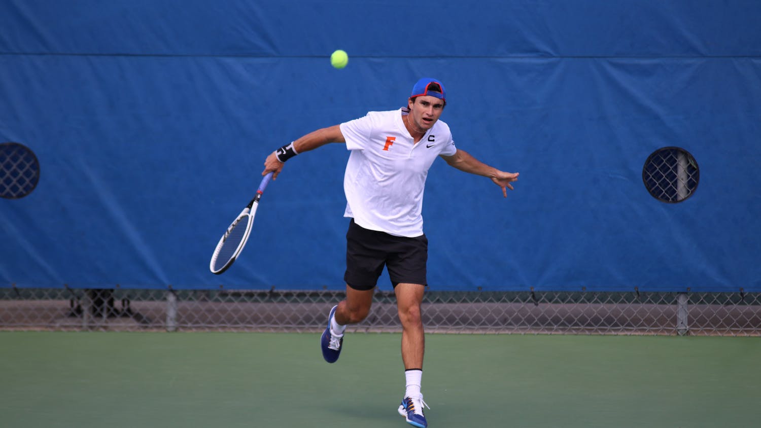 Senior captain Duarte Vale returns a ball against Auburn on Feb. 21, 2021. Vale along with doubles partner Nate Bonetto defeated the Kentucky pairing of Francois Musitelli and Yasha Zeme. Their victory contributed to Florida&#x27;s team win over the Wildcats Sunday. 