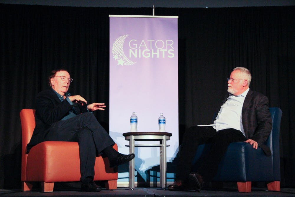 Best-selling author James Patterson being interviewed by best-selling author and UF alumnus Michael Connelly during GatorNights in the Reitz Union on Friday.  
