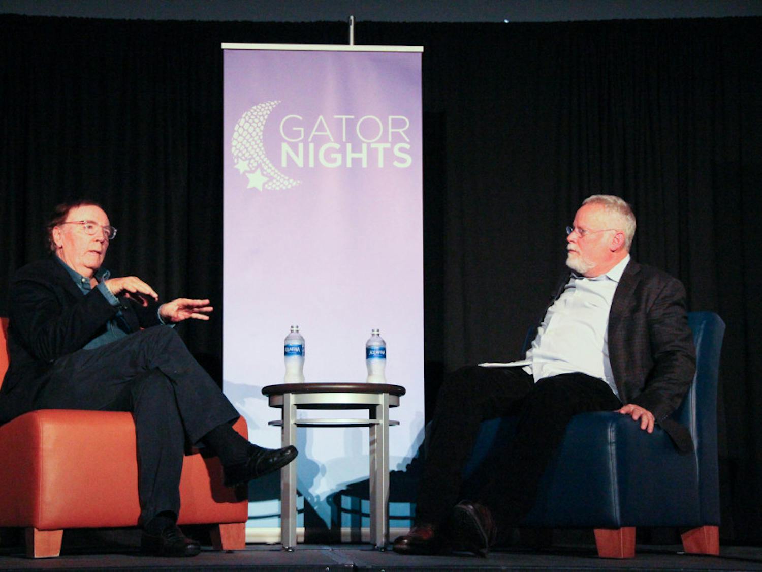 Best-selling author James Patterson being interviewed by best-selling author and UF alumnus Michael Connelly during GatorNights in the Reitz Union on Friday.