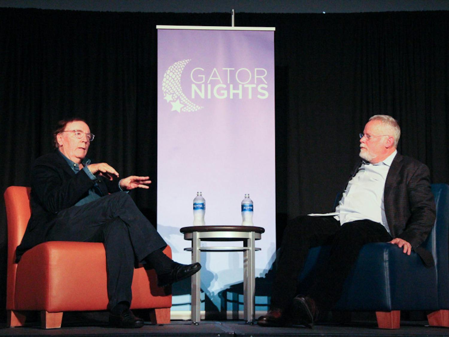 Best-selling author James Patterson being interviewed by best-selling author and UF alumnus Michael Connelly during GatorNights in the Reitz Union on Friday.  