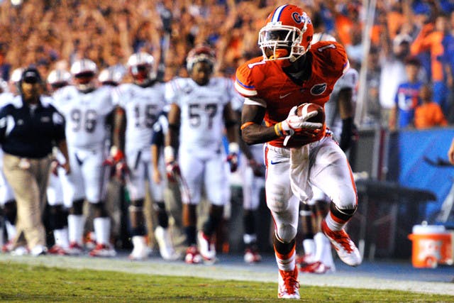 Florida running back Chris Rainey became just the third player since 1996 to have a rushing touchdown, a receiving score and one courtesy of a return in the same game.