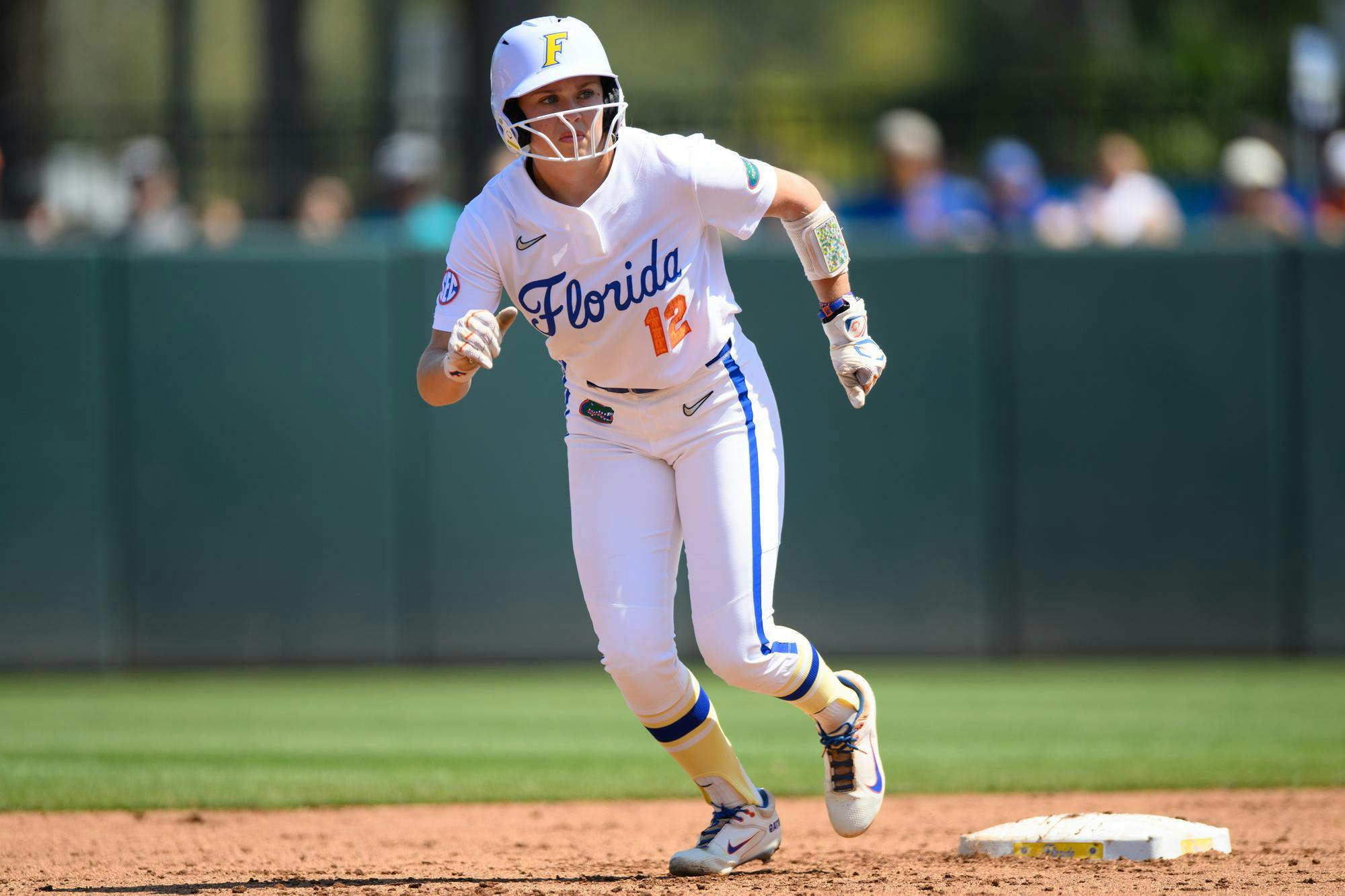 Florida infielder Kendall Grover (12) leaves second base during an NCAA softball game against Tennessee, Saturday, March 21, 2026, in Gainesville, Fla.