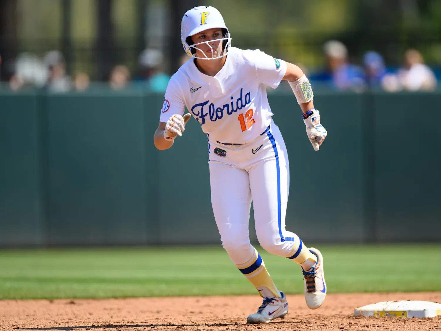 Florida infielder Kendall Grover (12) leaves second base during an NCAA softball game against Tennessee, Saturday, March 21, 2026, in Gainesville, Fla.