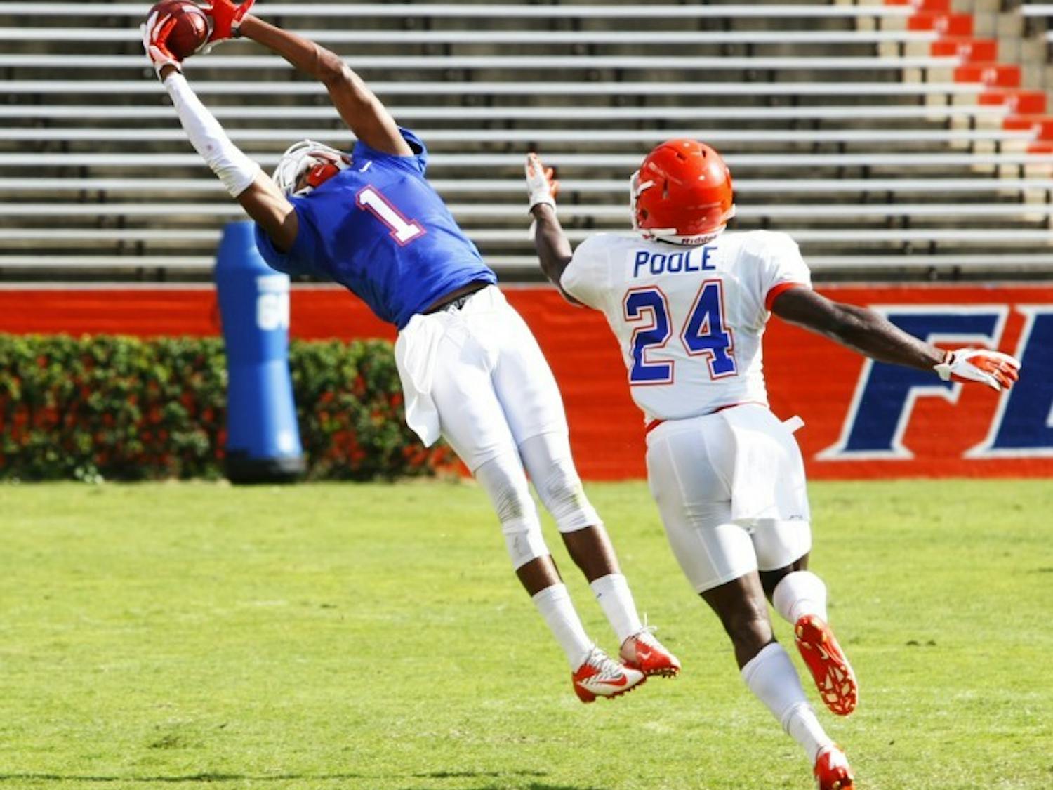 Florida wide receiver Quinton Dunbar makes a leaping catch during the teamís open practice Saturday. Dunbar caught just 14 passes in 2011.