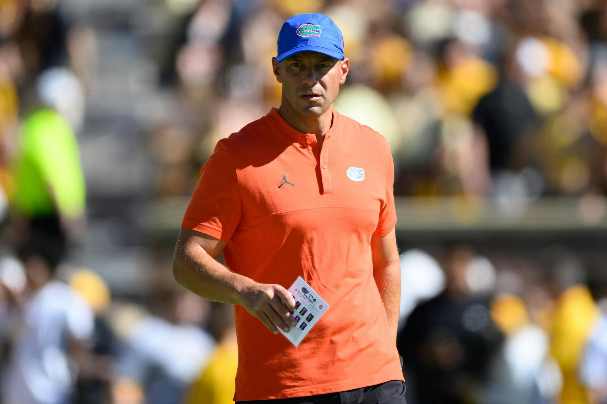 Florida head coach Jon Sumrall walks the field before an NCAA college football game against Missouri, Saturday, Oct. 3, 2026, in Columbia, Mo.