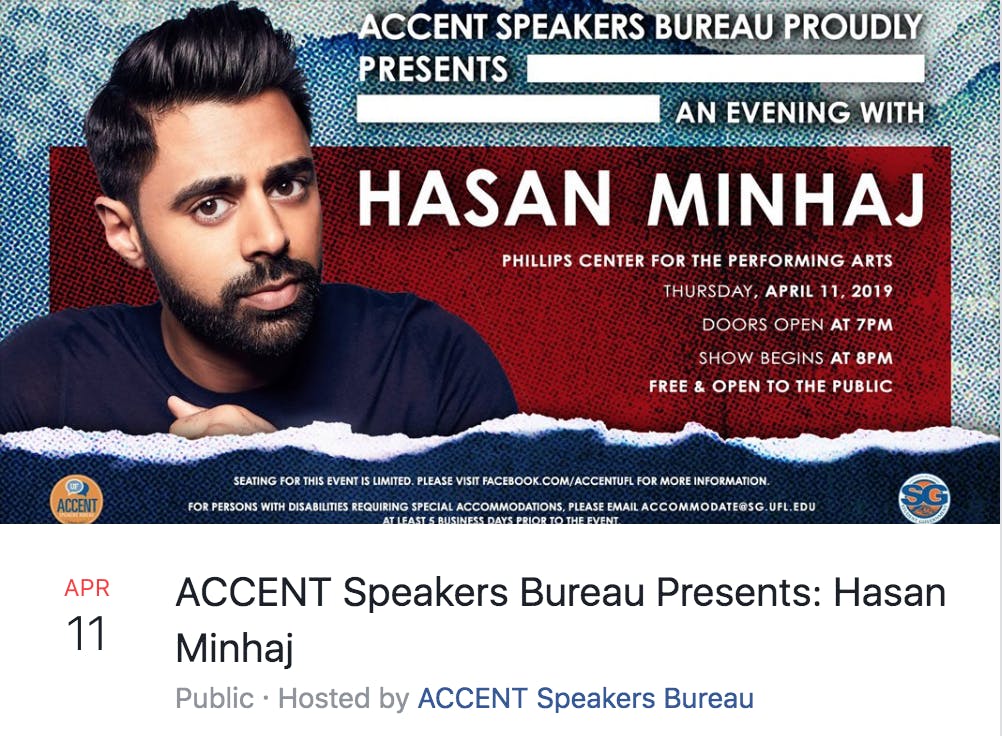 Comedian Hasan Minhaj will speak at UF on April 11.