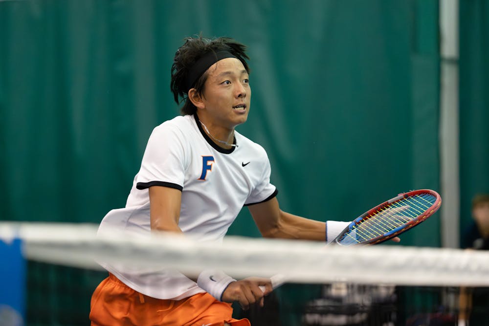 Freshman Aidan Kim attacks the net looking for a volley against the Ole Miss Rebels on Friday, March 22.