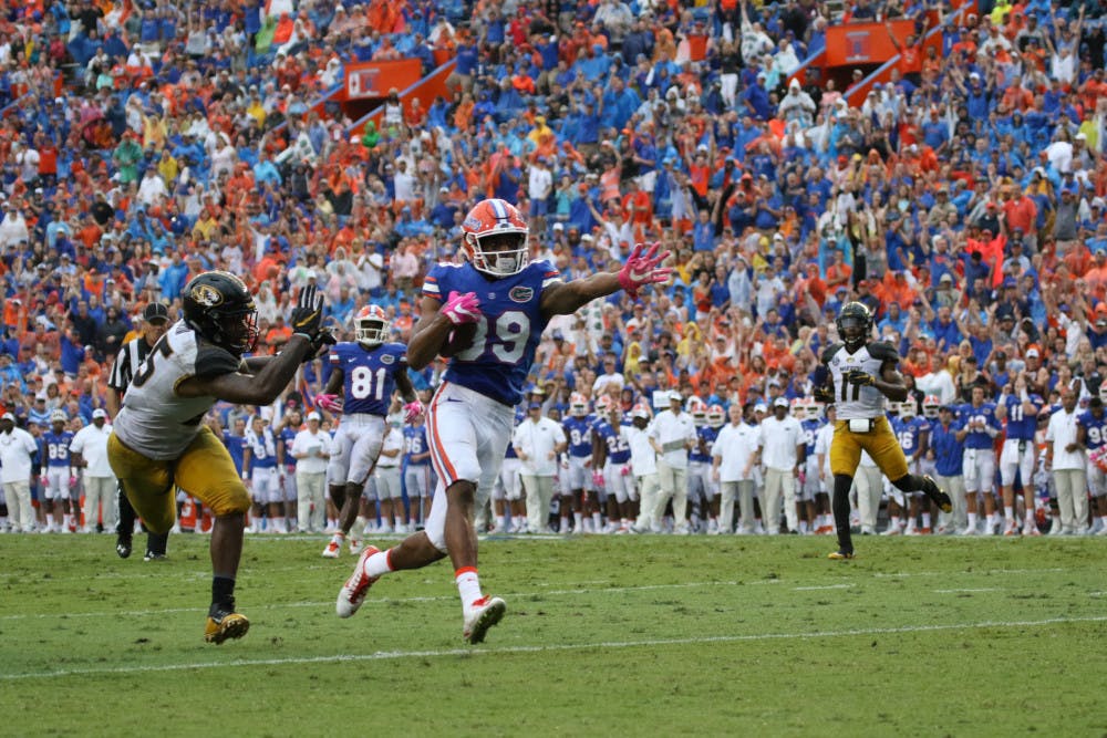 <p>Tyrie Cleveland (89) runs toward the end zone during Florida's 40-14 win over Missouri on Oct. 15, 2016, at Ben Hill Griffin Stadium.</p>