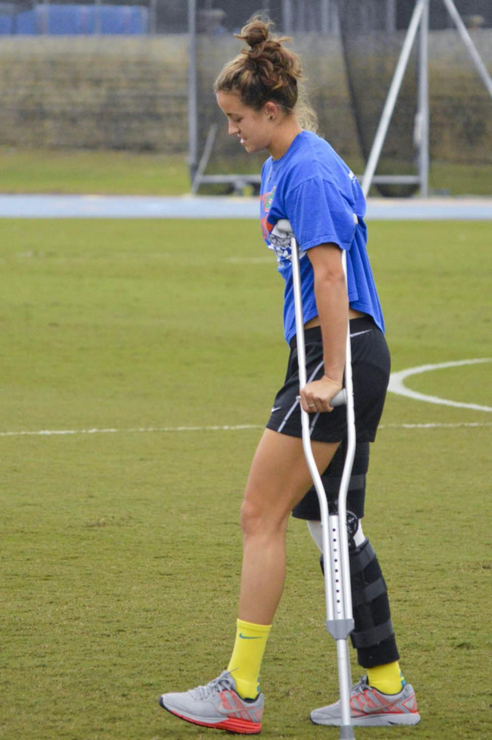 <p>Havana Solaun walks on crutches prior to Florida's NCAA match against Jacksonville on Nov. 16 — UF's first match after Solaun tore her ACL.</p>