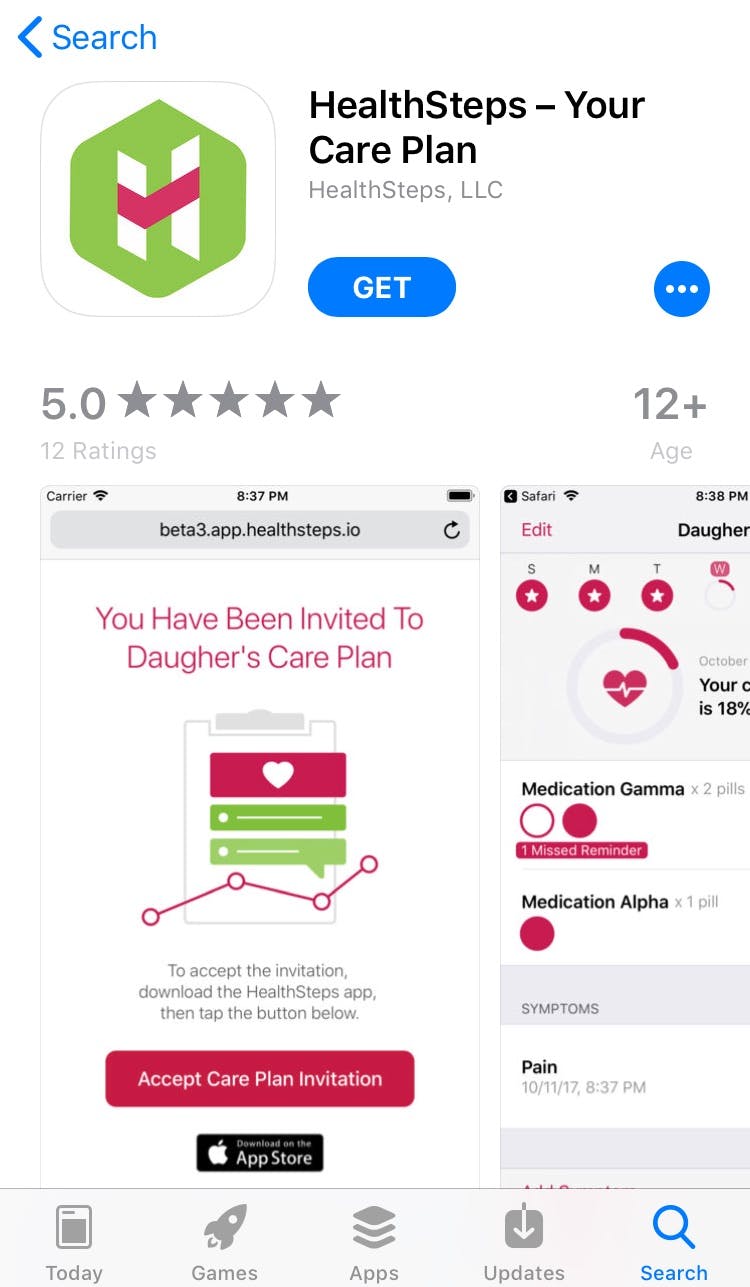 A screenshot of the HealthSteps app.