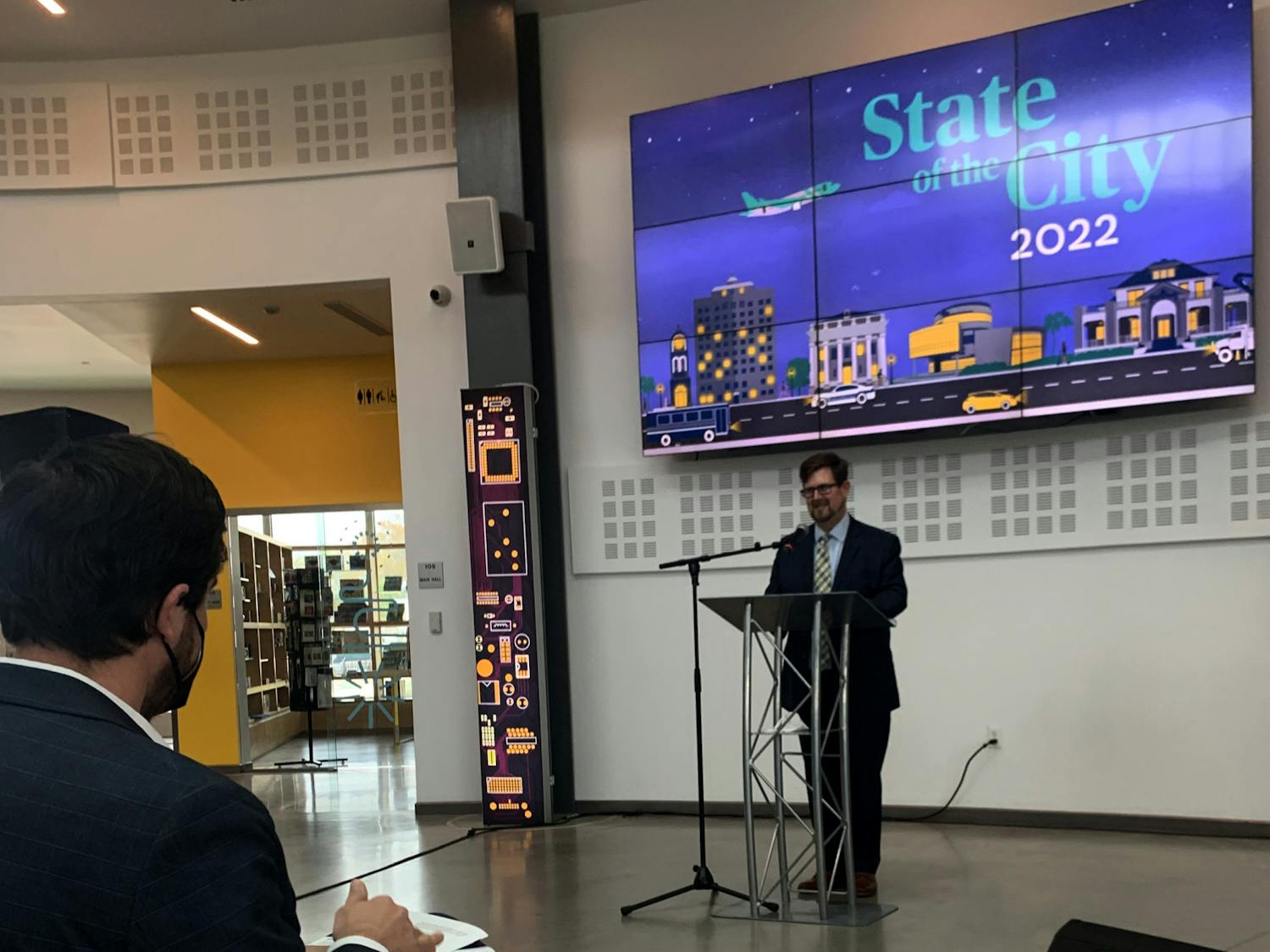 Mayor Lauren Poe delivers his final State of the City Address on at the Cade Museum for Creativity & Innovation on Monday, Feb. 28.