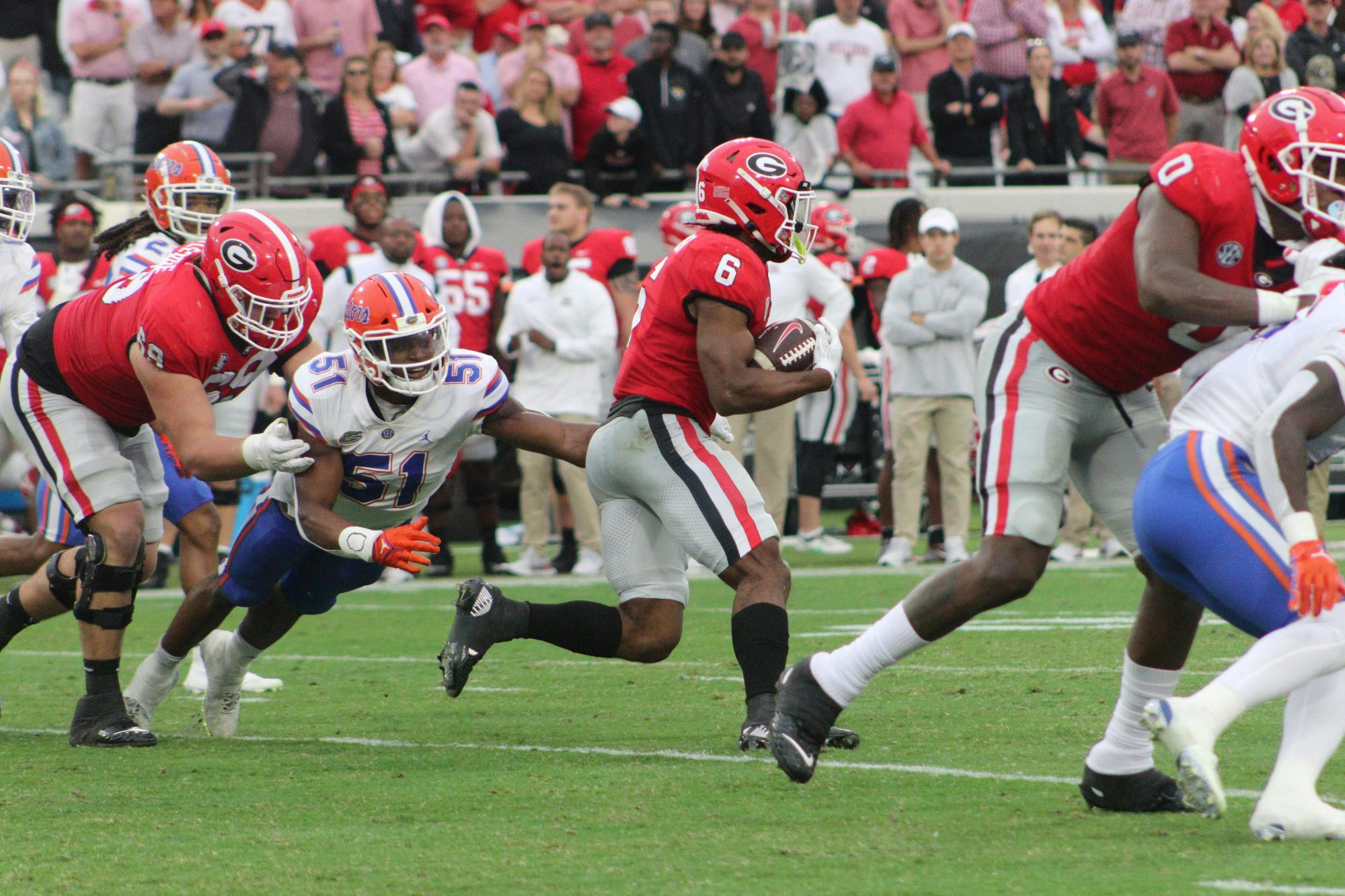 Florida linebacker Ventrell Miller dives for a tackle during the Gators’ loss to the Georgia Bulldogs Saturday, Oct. 29, 2022.