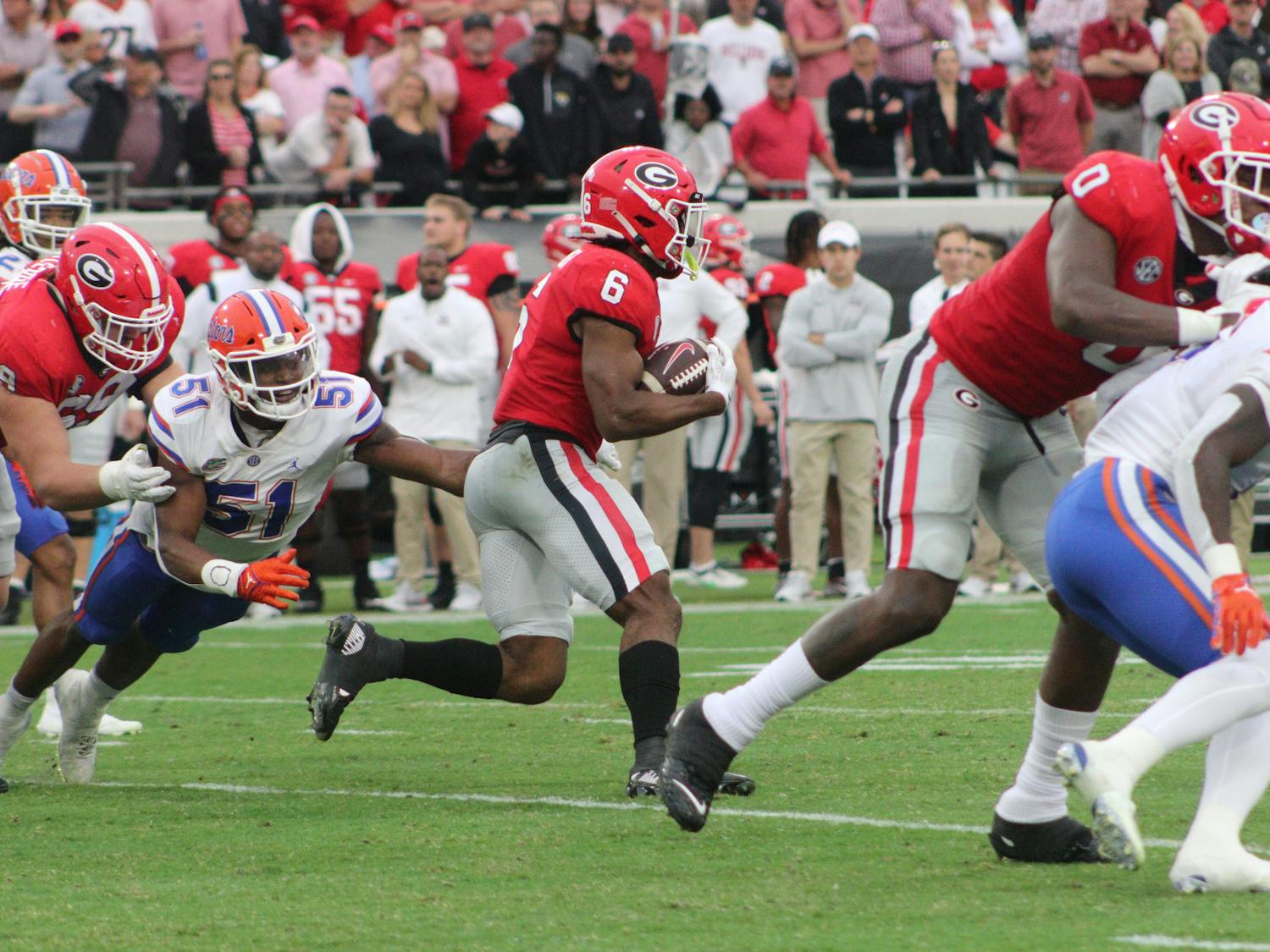 Florida linebacker Ventrell Miller dives for a tackle during the Gators’ loss to the Georgia Bulldogs Saturday, Oct. 29, 2022.