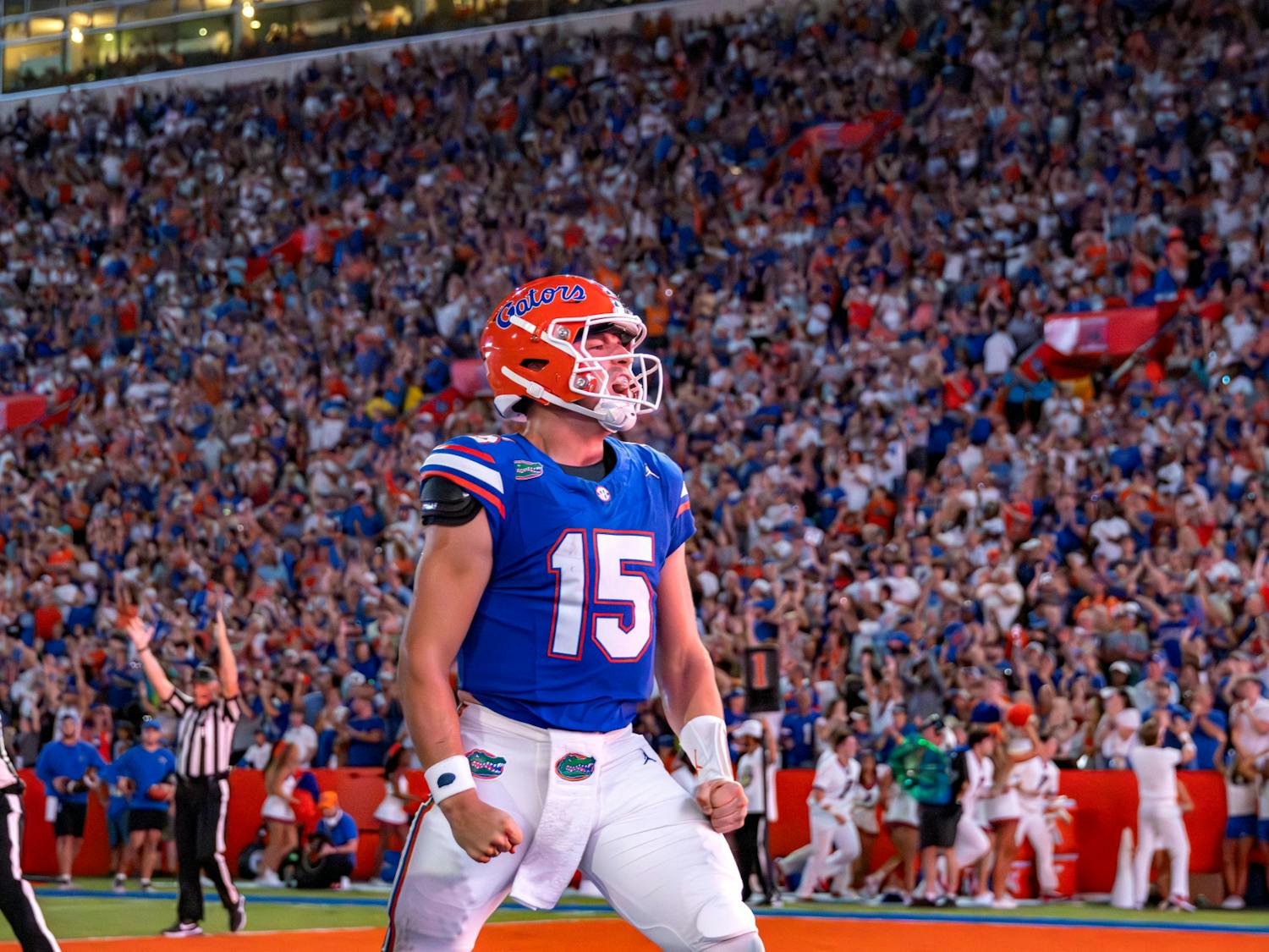 Redshirt junior quarterback Graham Mertz celebrates after he ran the ball for a touchdown in the Gators' 49-7 win against the McNeese State Cowboys Saturday, Sept. 9, 2023.