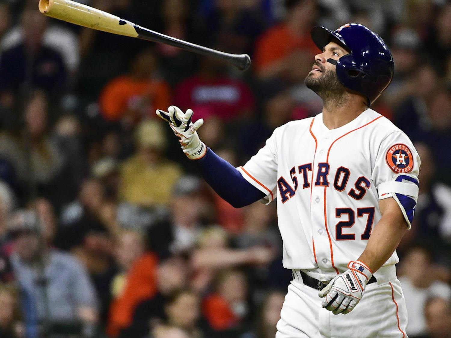 Houston Astros' Jose Altuve flips his bat after striking out in the third inning of a baseball game against the Seattle Mariners, Wednesday, April 5, 2017, in Houston. (AP Photo/Eric Christian Smith)