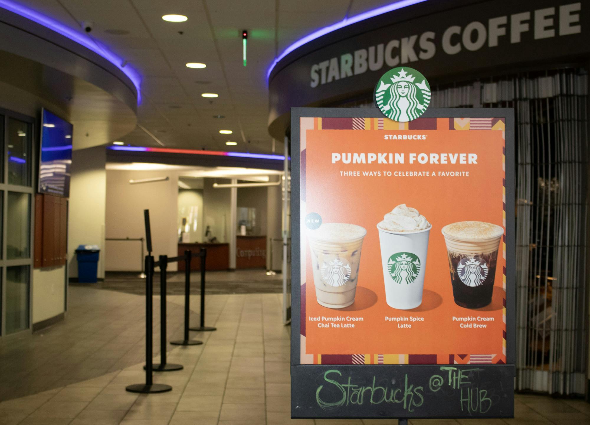 A sign of fall drinks stands in the Starbucks @ The Hub on UF's campus on Sunday, Sept. 17, 2023.