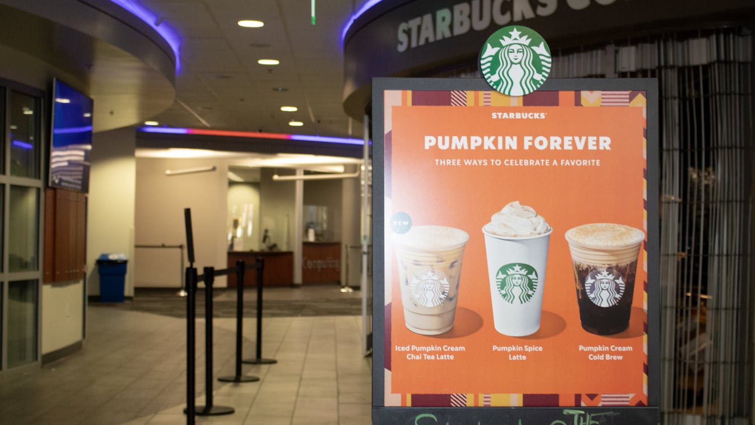 A sign of fall drinks stands in the Starbucks @ The Hub on UF's campus on Sunday, Sept. 17, 2023.