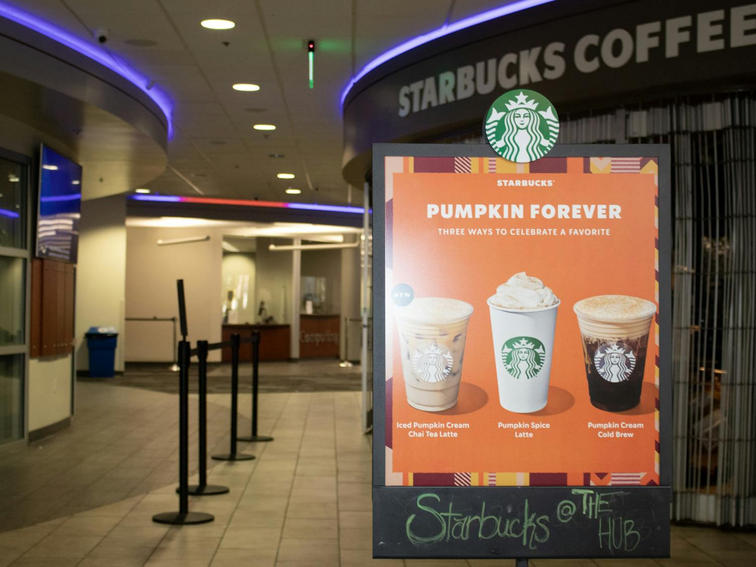 A sign of fall drinks stands in the Starbucks @ The Hub on UF's campus on Sunday, Sept. 17, 2023.