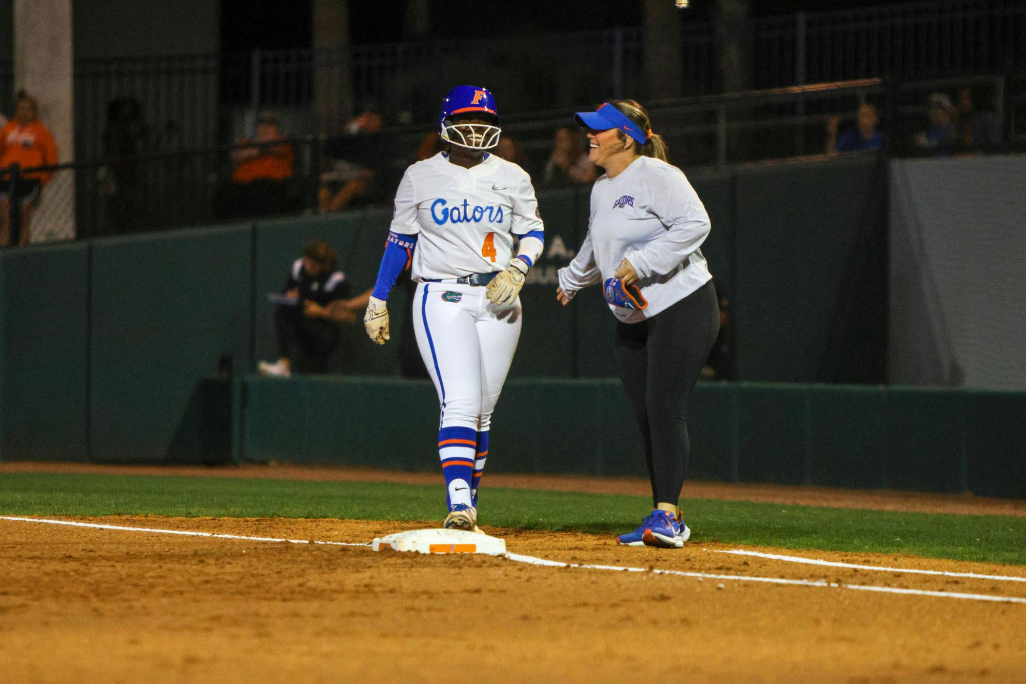 Florida third baseman Charla Echols stands on a base in the Gators' win against the Central Florida Knights Wednesday, March 8, 2023.