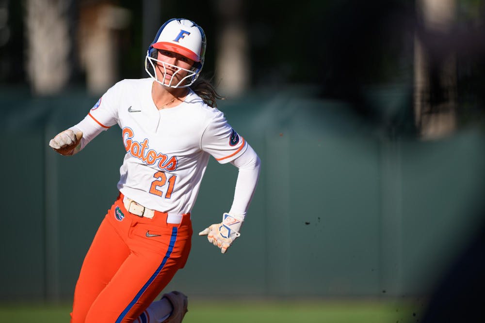 Florida outfielder Taylor Shumaker (21) rounds second base during an NCAA softball game against FGCU, Wednesday, April 15, 2026, in Gainesville, Fla.