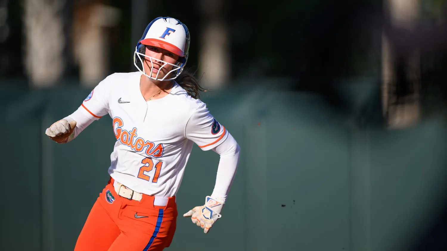 Florida outfielder Taylor Shumaker (21) rounds second base during an NCAA softball game against FGCU, Wednesday, April 15, 2026, in Gainesville, Fla.