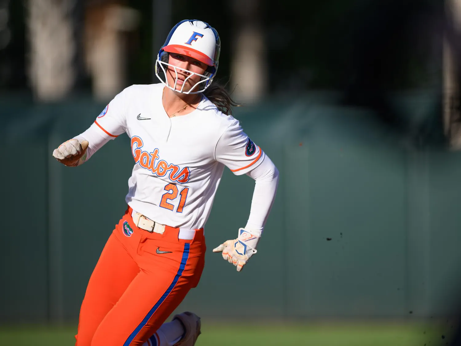 Florida outfielder Taylor Shumaker (21) rounds second base during an NCAA softball game against FGCU, Wednesday, April 15, 2026, in Gainesville, Fla.