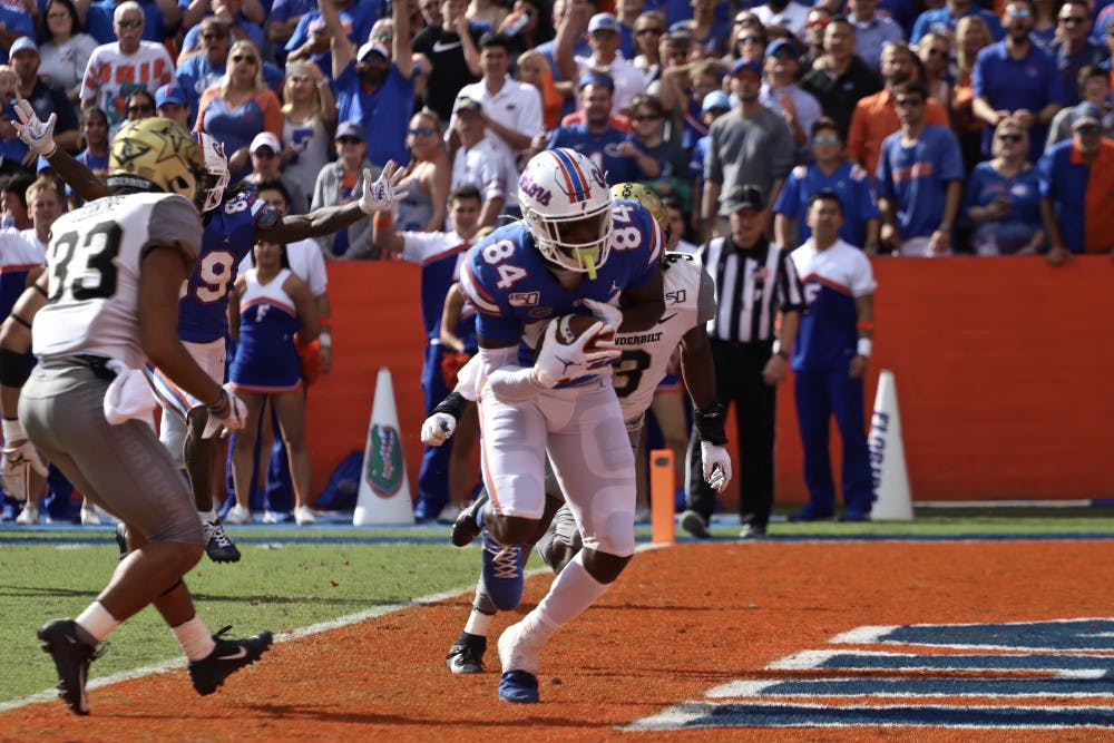 Tight end Kyle Pitts had four receptions for 57 yards and two touchdowns in Saturday's win over South Carolina.