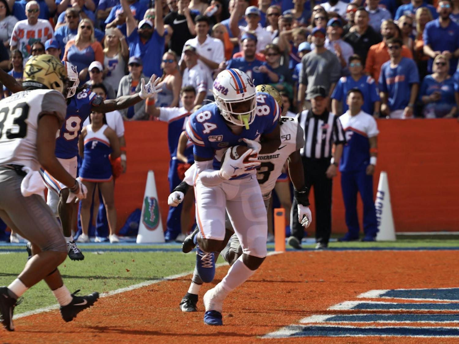 Tight end Kyle Pitts had four receptions for 57 yards and two touchdowns in Saturday's win over South Carolina.