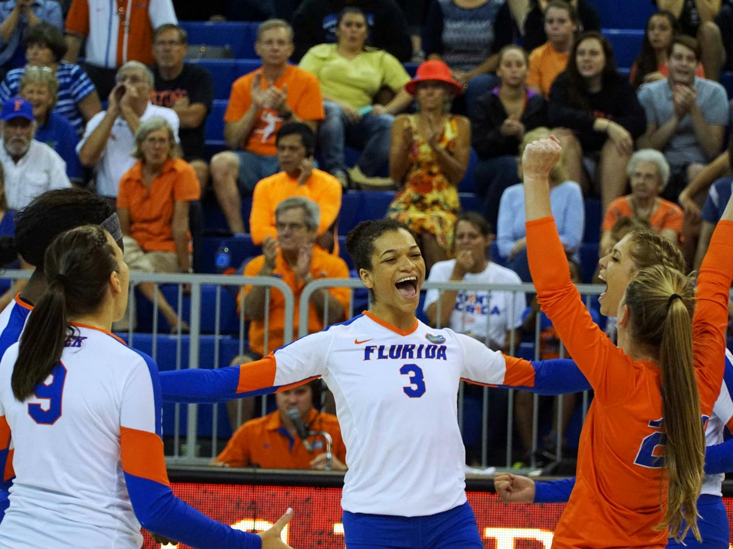 UF right-side hitter Alex Holston (3) celebrates during Florida's 3-0 win against St. John's on Sept. 17, 2015, in the O'Connell Center.