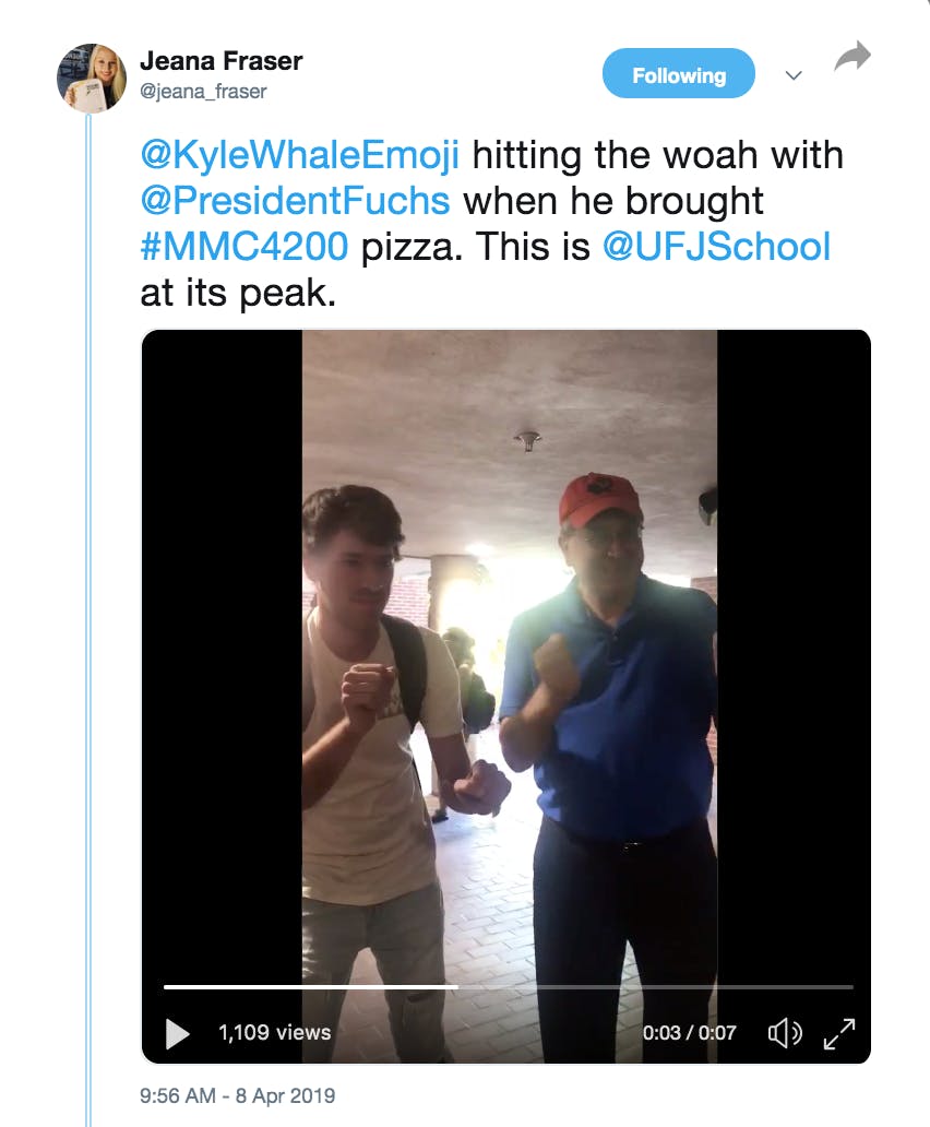 UF President Kent Fuchs hits the Woah with a student.&nbsp;