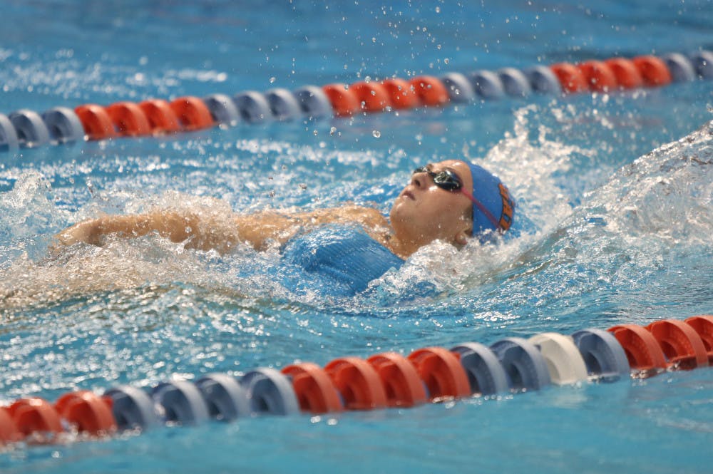 Senior Ellese Zalewski competes in the women's 100 fly at the Pinch a Penny All-Florida Invitation at the Stephen C. O'Connell Center on Sept. 28