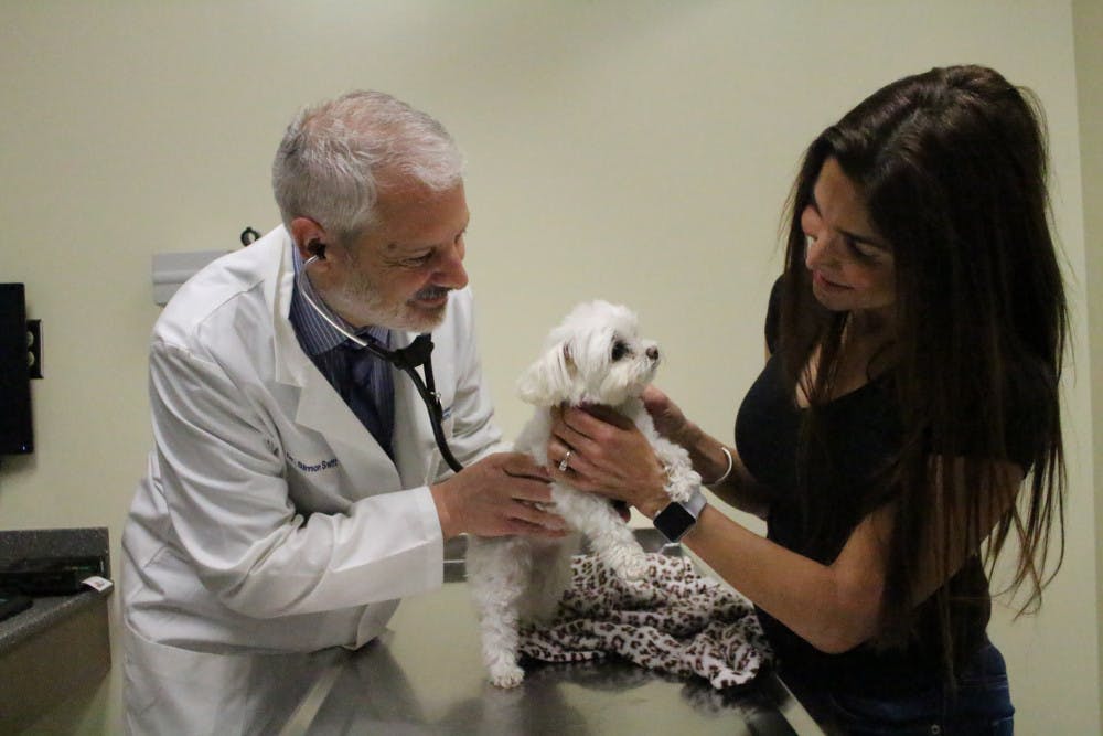 <p dir="ltr"><span>Simon Swift, the medical director of the UF Small Animal Hospital, examines Zoey, a 12-year-old Maltese, who underwent the mitral valve repair procedure in France last year. Courtesy to The Alligator</span></p><p><span> </span></p>