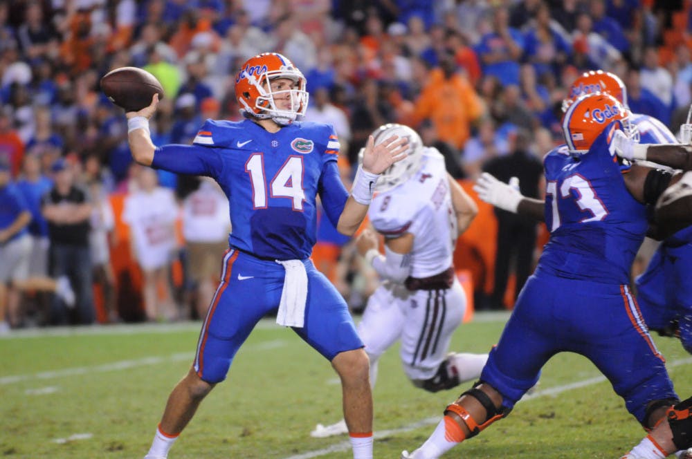 Florida quarterback Luke Del Rio throws the ball during UF's 24-7 win over Massachusetts on Sept. 4, 2016, at Ben Hill Griffin Stadium.