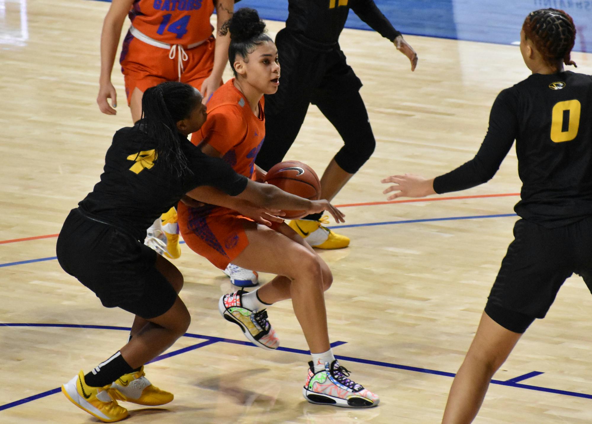 Relying on two stars guards (Lavender Briggs and Kiara Smith) to shoot more than 70% of Florida’s points, like during the Arkansas game, isn’t sustainable. Photo from UF-Mizzou game January 2021.