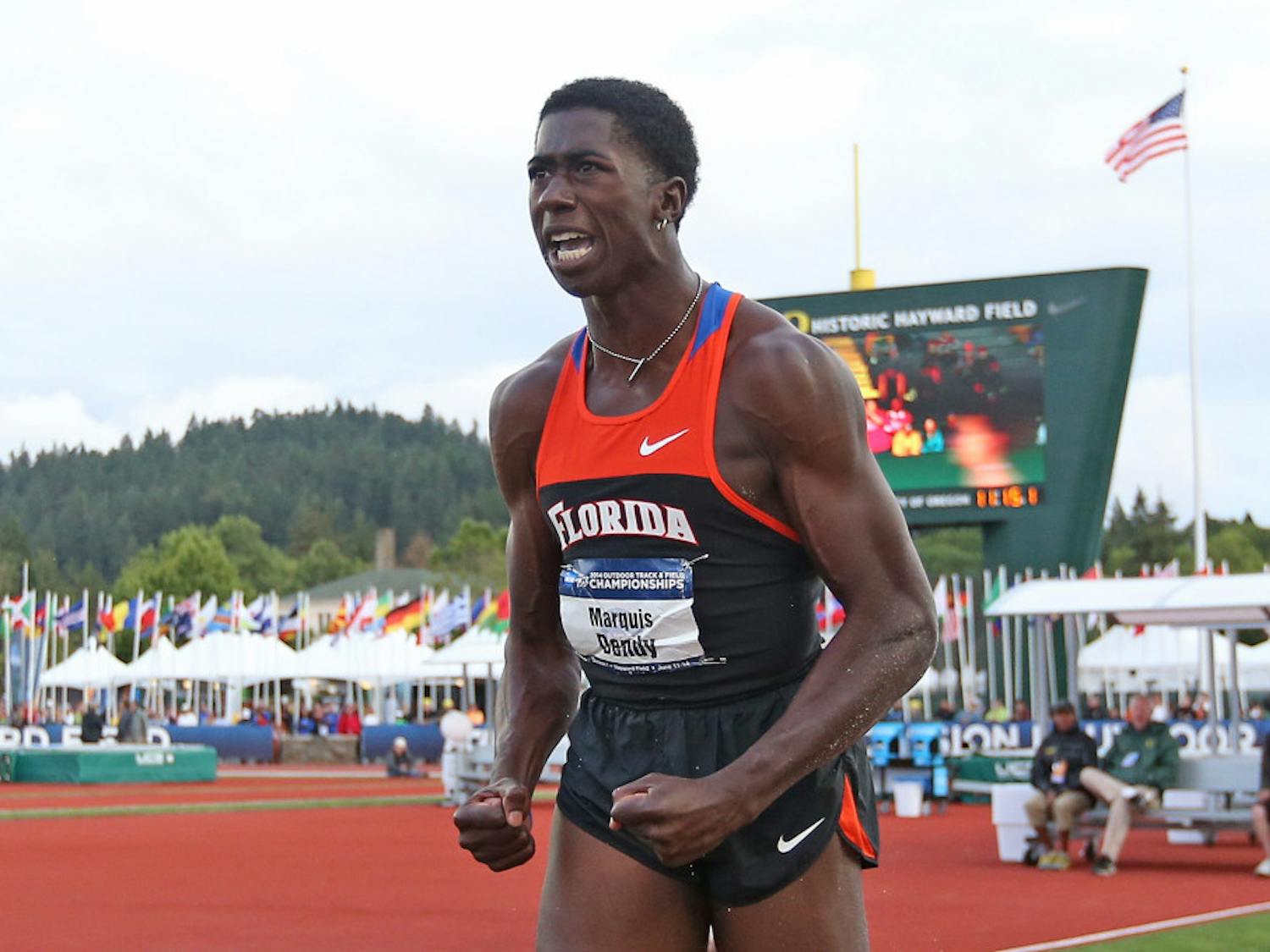 Florida's Marquis Dendy reacts after competing in the long jump at the NCAA track and field championships on June 12 in Eugene, Ore. Dendy became the first athlete to win both the long jump and the triple jump at the NCAA Outdoors since 2002.