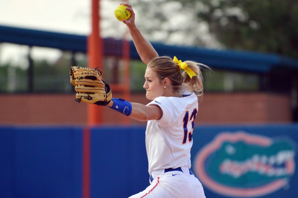 <p>Hannah Rogers pitches during UF's 17-1 win against USF on April 23 at Katie Seashole Pressly Stadium. Rogers was named the 2014 Southeastern Conference Female Athlete of the Year and finished her senior season with a 30-8 record and a 1.60 ERA.</p>