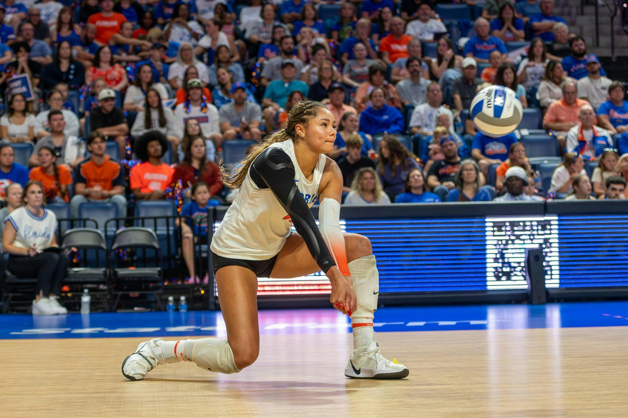 Florida Gators outside hitter Kira Hutson (12) bumps the ball in a match against the Auburn Tigers on Oct. 3, 2025 in the O’Connell Center in Gainesville, Fla.