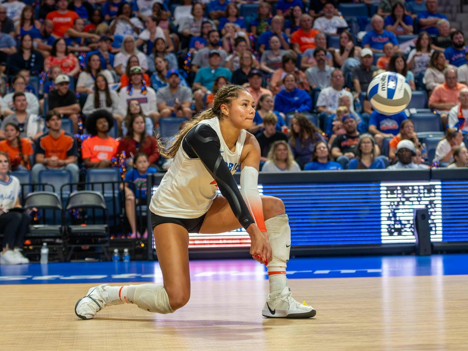 Florida Gators outside hitter Kira Hutson (12) bumps the ball in a match against the Auburn Tigers on Oct. 3, 2025 in the O’Connell Center in Gainesville, Fla.