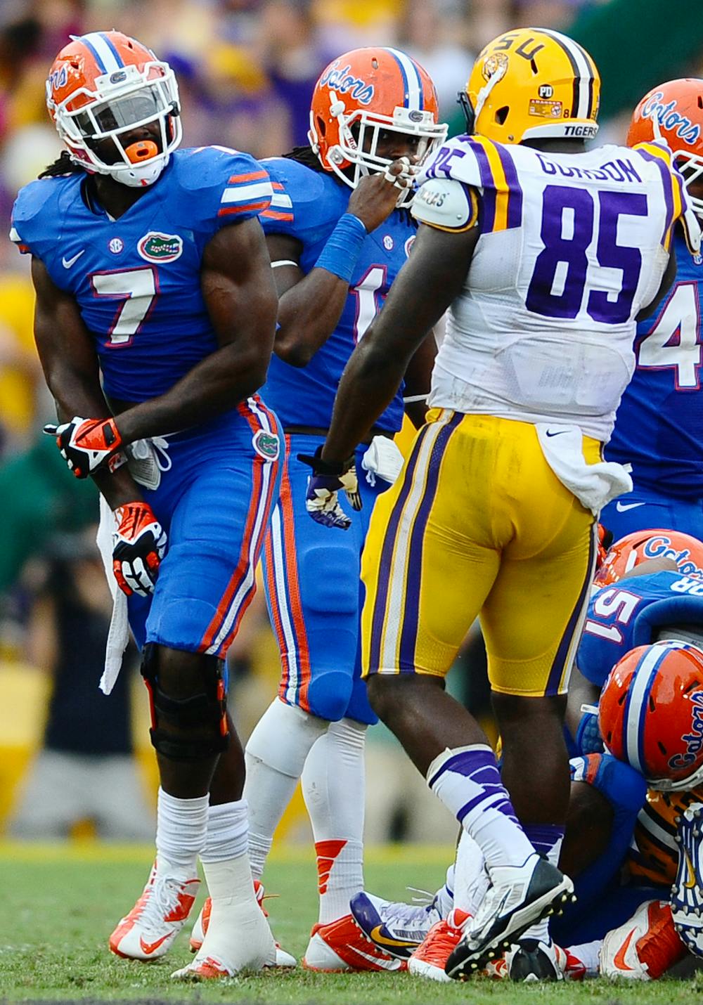 Redshirt junior Ronald Powell (7) reacts to a play during Florida’s 17-6 loss to LSU on Oct. 12 at Tiger Stadium in Baton Rouge, La.