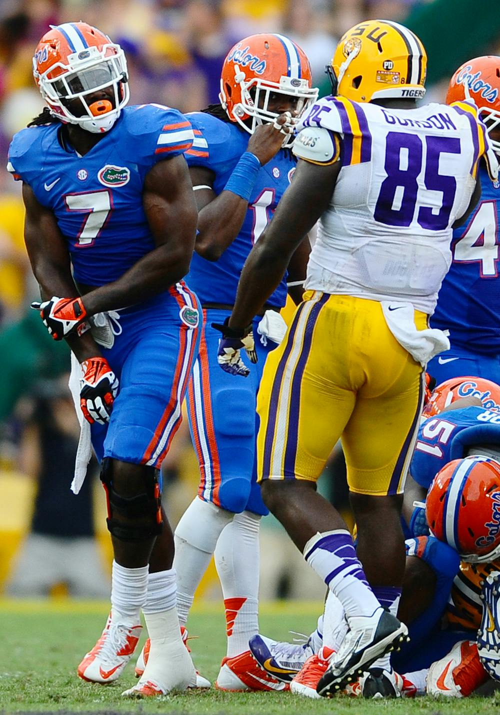 <p>Redshirt junior Ronald Powell (7) reacts to a play during Florida’s 17-6 loss to LSU on Oct. 12 at Tiger Stadium in Baton Rouge, La.</p>